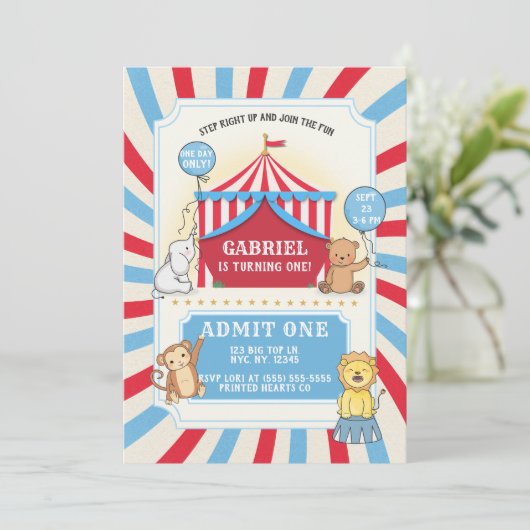アニマルサーカス誕生日招待状 |赤白青 招待状 (スタンド正面)