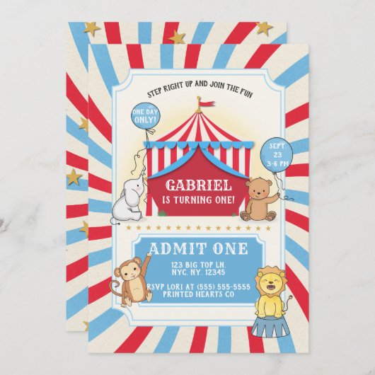 アニマルサーカス誕生日招待状 |赤白青 招待状 (正面/裏面)