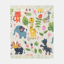 アニマルジャングルパステルリーフパターン フリースブランケット