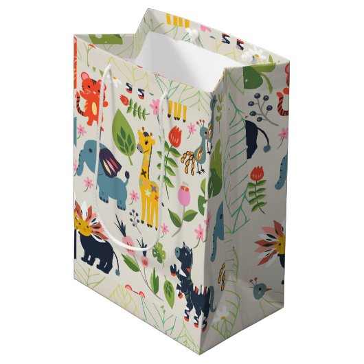 アニマルジャングルパステルリーフパターン ミディアムペーパーバッグ (正面アングル)