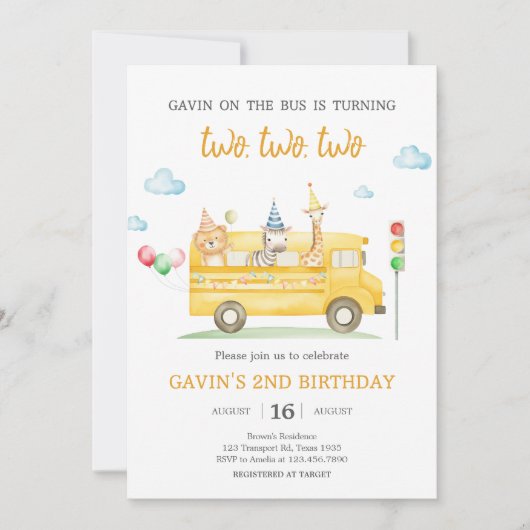 アニマルスクールバス誕生日パーティー 招待状 (正面)