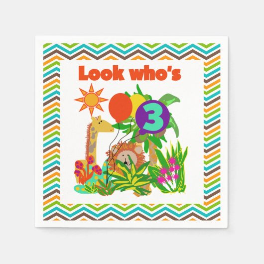 アニマルズサファリ3rd誕生日紙ナプキンス スタンダードカクテルナプキン (正面)