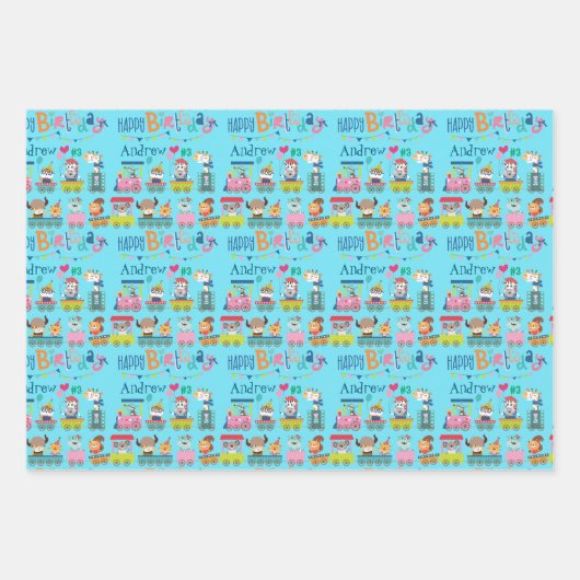 アニマルトレインパーソナライズネームボーイ誕生日3 ラッピングペーパーシート (正面3)