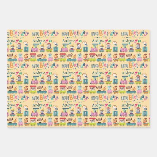 アニマルトレインパーソナライズネームボーイ誕生日3 ラッピングペーパーシート (正面2)