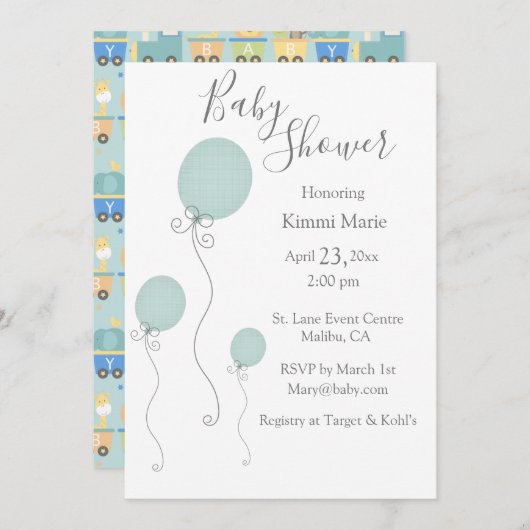 アニマルトレインボーイ赤ちゃんシャワーグリーンブルー 招待状 (正面/裏面)