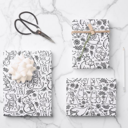 アニマルハグラブラッピング紙セット3 ラッピングペーパーシート (正面)