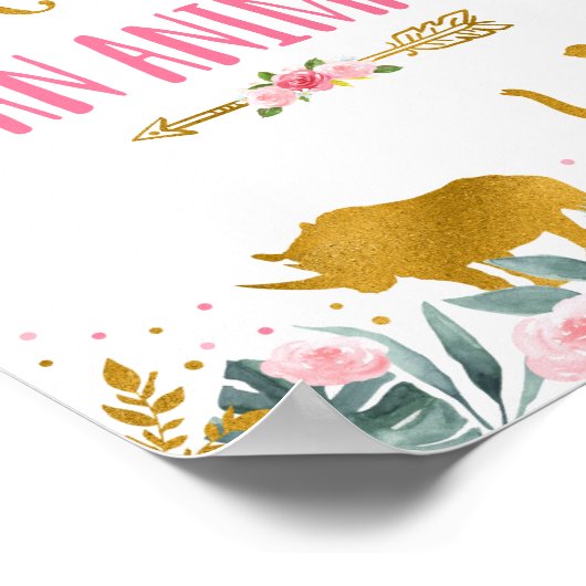 アニマルピンクの金ゴールドサファリ誕生日標識を採用する ポスター (角)