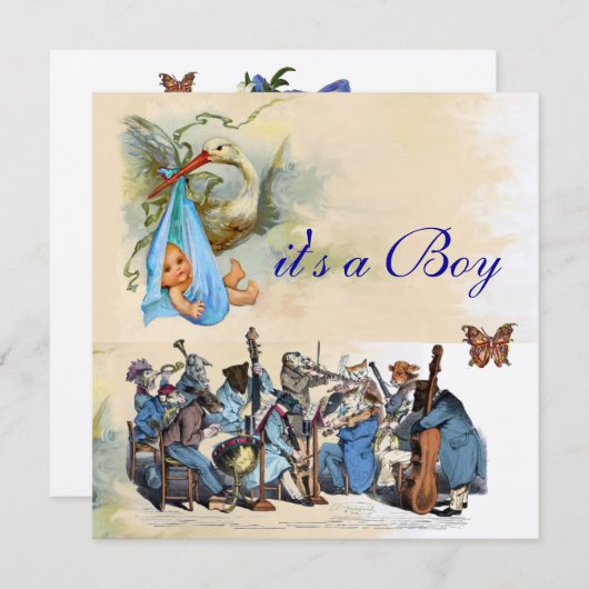 アニマルファームオーケストラ/ブルーストークボーイ赤ちゃんシャワー 招待状 (正面/裏面)