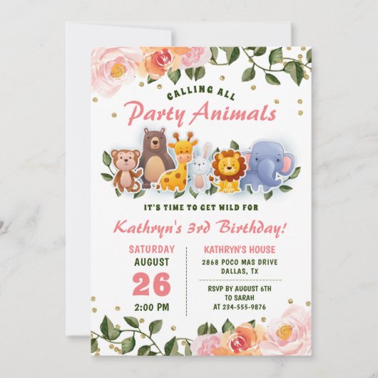 アニマルフレンズピンクフローラ緑誕生日 招待状 (正面)
