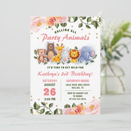 アニマルフレンズピンクフローラ緑誕生日 招待状 (スタンド正面)