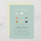 アニマルフレンズベビーシャワーティール（緑がかった色）招待状 招待状 (正面/裏面)