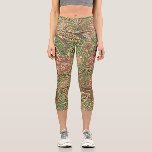 アニマルプリントウォームサンゴ金ゴールドファンタジーペイズリー カプリレギンス (正面)