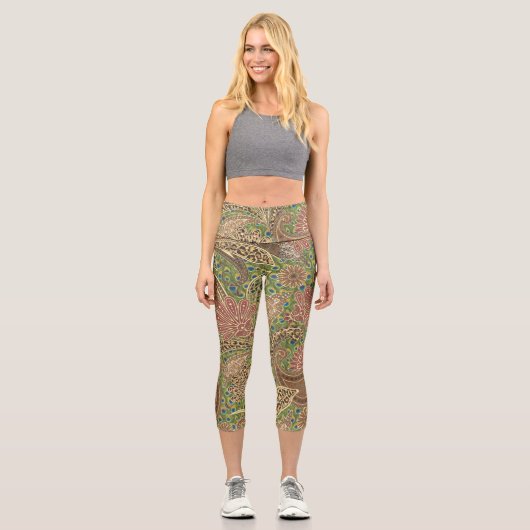 アニマルプリントウォームサンゴ金ゴールドファンタジーペイズリー カプリレギンス (正面)