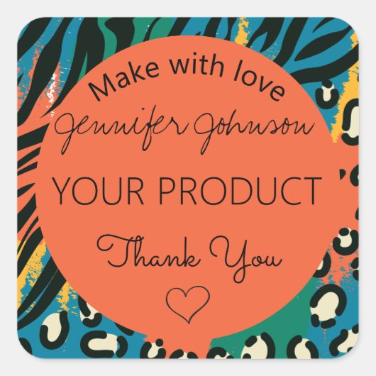 アニマルプリントオレンジカラフルスクエアステッカー スクエアシール (正面)