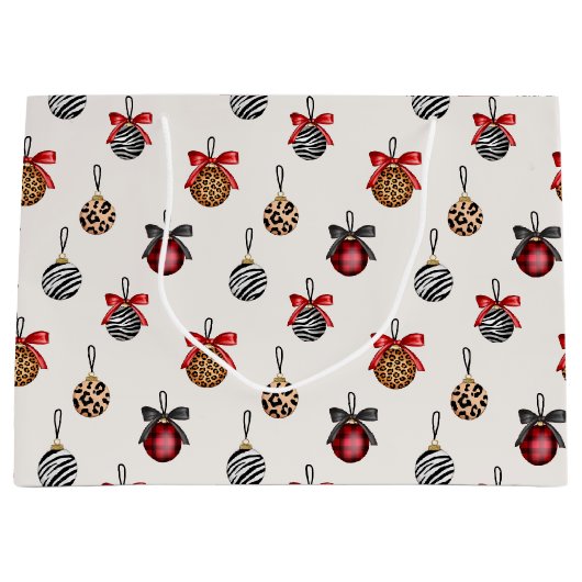アニマルプリントクリスマスオーナメントパターンデザイン ラージペーパーバッグ (正面)