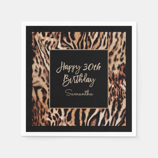 アニマルプリントスタイリッシュ30歳の誕生日パーティー スタンダードカクテルナプキン (正面)