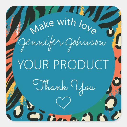 アニマルプリントブルーカラフルスクエアステッカー スクエアシール (正面)