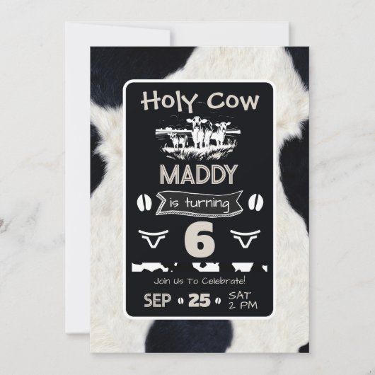 アニマルプリント牛白黒誕生日招待状 招待状 (正面)