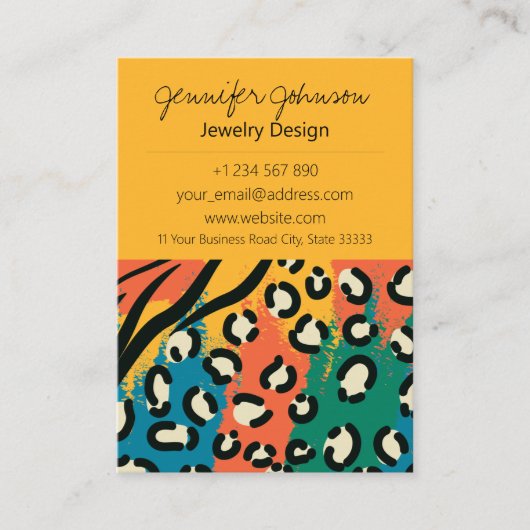 アニマルプリント黄カラフルジュエリー気にカード 名刺 (正面)