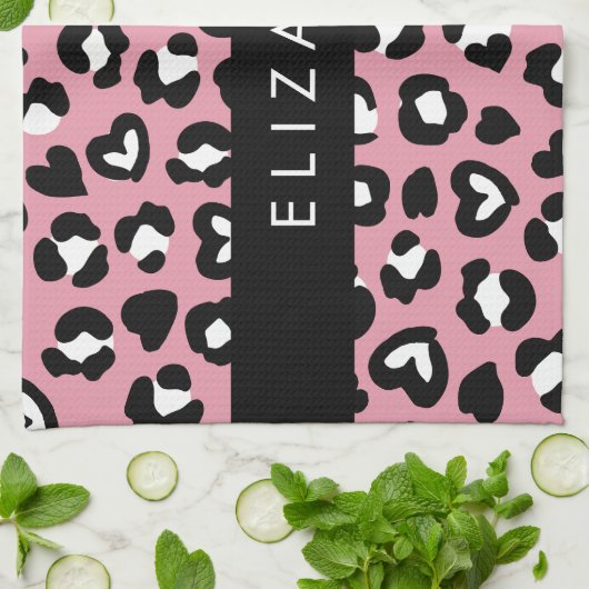 アニマルプリント，ピンクヒョウ，ハート，あなたの名前 キッチンタオル (折り畳み)