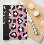 アニマルプリント，ピンクヒョウ，ハート，あなたの名前 キッチンタオル (四つ折り)