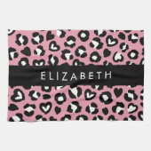 アニマルプリント，ピンクヒョウ，ハート，あなたの名前 キッチンタオル (横)