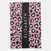 アニマルプリント，ピンクヒョウ，ハート，あなたの名前 キッチンタオル (縦)