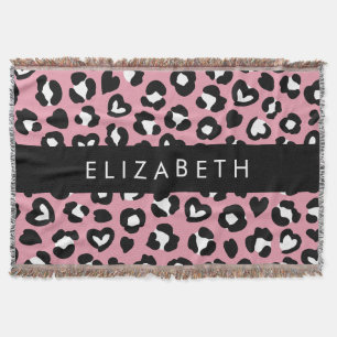 アニマルプリント，ピンクヒョウ，ハート，あなたの名前 スローブランケット