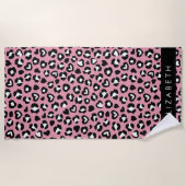 アニマルプリント，ピンクヒョウ，ハート，あなたの名前 ビーチタオル (正面)