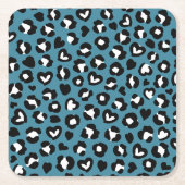 アニマルプリント，ブルーヒョウ，チータスポット，ハート スクエアペーパーコースター (正面)