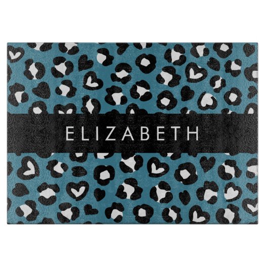 アニマルプリント，ブルーレオパード，ハート，あなたの名前 カッティングボード (正面)