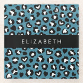 アニマルプリント，ブルーレオパード，ハート，あなたの名前 ガラスコースター (正面)