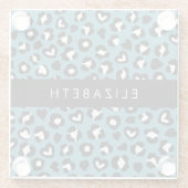 アニマルプリント，ブルーレオパード，ハート，あなたの名前 ガラスコースター (裏面)