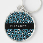 アニマルプリント，ブルーレオパード，ハート，あなたの名前 キーホルダー (正面)