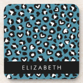 アニマルプリント，ブルーレオパード，ハート，あなたの名前 コースター (正面)