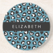 アニマルプリント，ブルーレオパード，ハート，あなたの名前 コースター (正面)