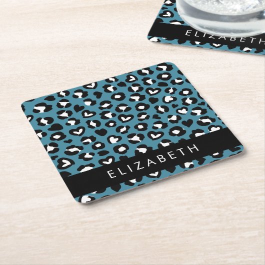 アニマルプリント,ブルーレオパード,ハート,あなたの名前 スクエアペーパーコースター (アングル)