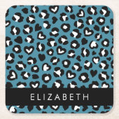 アニマルプリント,ブルーレオパード,ハート,あなたの名前 スクエアペーパーコースター (正面)