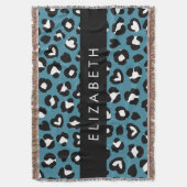 アニマルプリント，ブルーレオパード，ハート，あなたの名前 スローブランケット (正面縦)