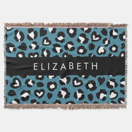 アニマルプリント，ブルーレオパード，ハート，あなたの名前 スローブランケット (正面)