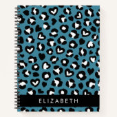 アニマルプリント，ブルーレオパード，ハート，あなたの名前 ノートブック (正面)