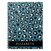 アニマルプリント，ブルーレオパード，ハート，あなたの名前 ノートブック (正面)