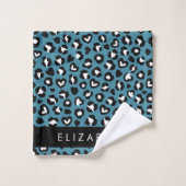 アニマルプリント，ブルーレオパード，ハート，あなたの名前 バスタオルセット (ウォッシュタオル)