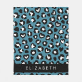 アニマルプリント,ブルーレオパード,ハート,あなたの名前 フリースブランケット (正面)