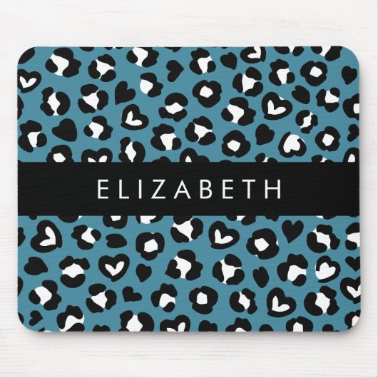 アニマルプリント,ブルーレオパード,ハート,あなたの名前 マウスパッド (正面)