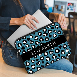 アニマルプリント，ブルーレオパード，ハート，あなたの名前 ラップトップスリーブ