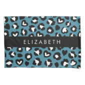 アニマルプリント，ブルーレオパード，ハート，あなたの名前 枕カバー (正面)