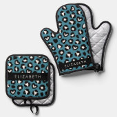 アニマルプリント，ブルーレオパード，ハート，あなたの名前 鍋つかみ&鍋敷きセット (正面/裏面)