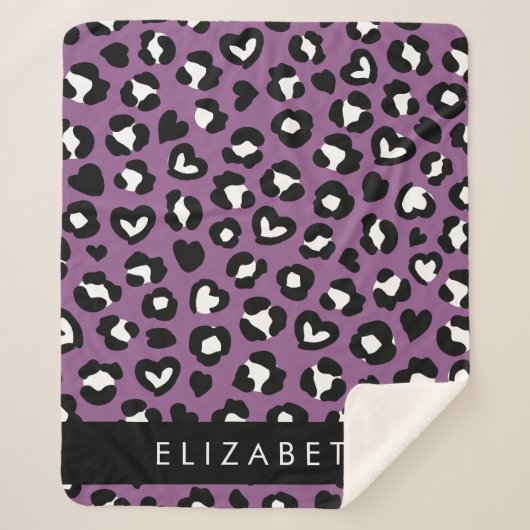 アニマルプリント，紫色のヒョウ，ハート，あなたの名前 シェルパブランケット (正面)