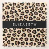 アニマルプリント、Brown Leopard、ハート、お名前 ガラスコースター (正面)